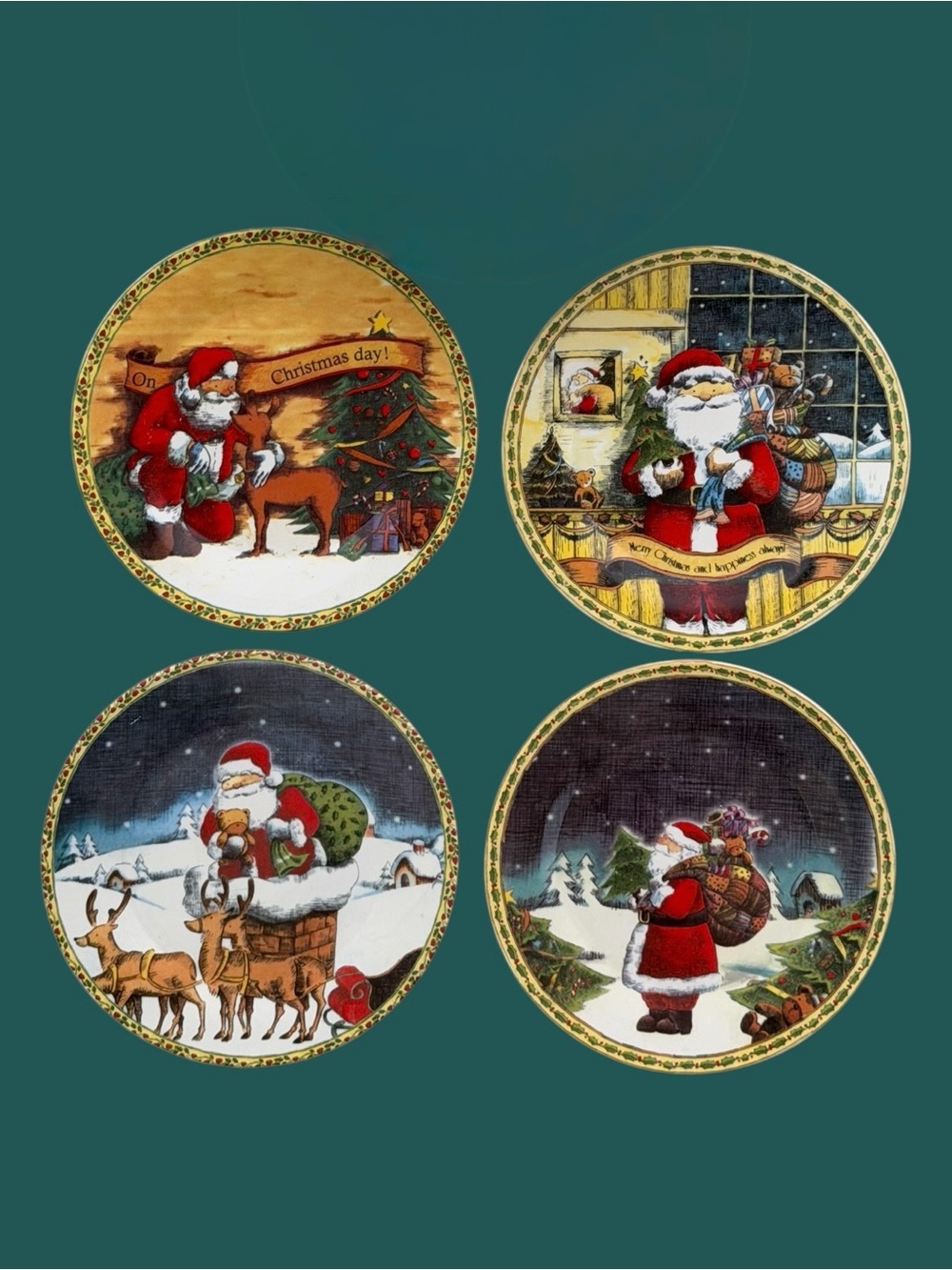 Festive Santa Scene Decorative Holiday 8” Porcelain Ceramic Plates - Set of 4